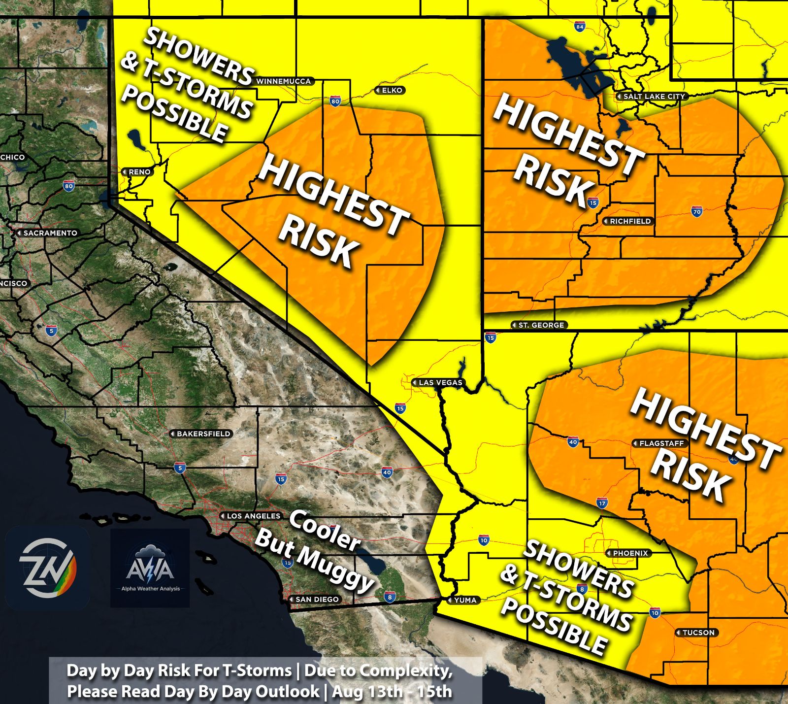 Southwest and West Coast Regional Forecast August 13th - 15th: Slight Cooler Temperatures For Some, Moisture Focus Moves East Temporarily